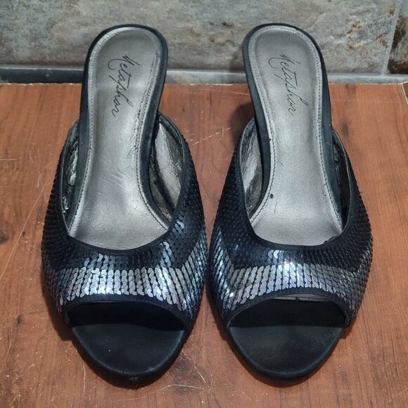 Metaphor Womens Open Toe Heel Shoes Size 8.5 Black Silver Sequins - Picture 1 of 12